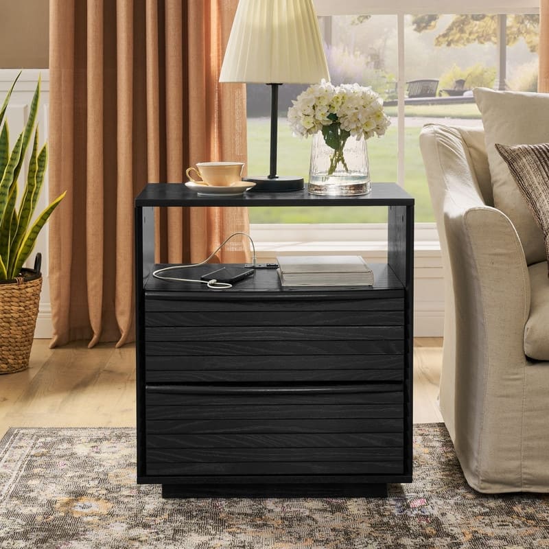 Mid Century Modern Nightstand with Charging Station and Solid Wood Drawers for Versatile Bedroom Use - Black