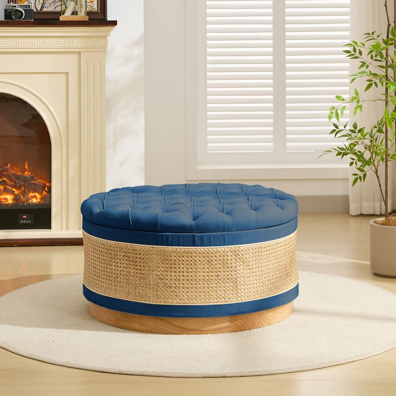 Linen & Rattan Round Storage Ottoman, Button-tufted Upholstery