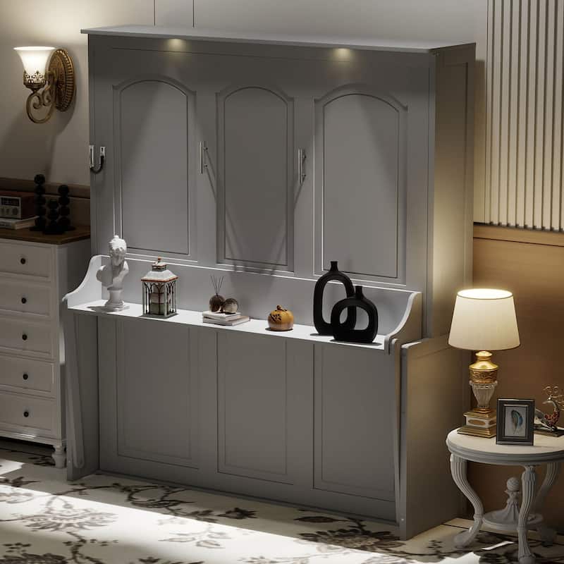 Queen Size Murphy Bed with Fold-Down Desk, Dual LED Lights & Built-In USB Power Station