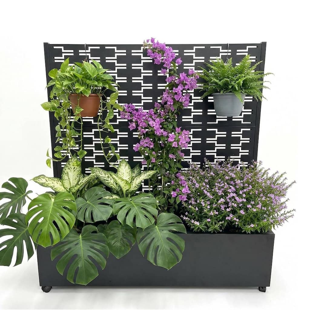 47"*47"*16" Galvanized Raised Garden Bed with Trellis, Planter Box with Privacy Screen, Wheels