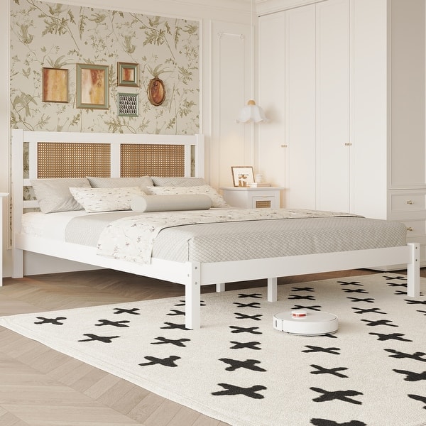 slide 2 of 16, Queen Size Wooden Platform Bed with Rattan Headboard, Minimalist Charm White - Queen
