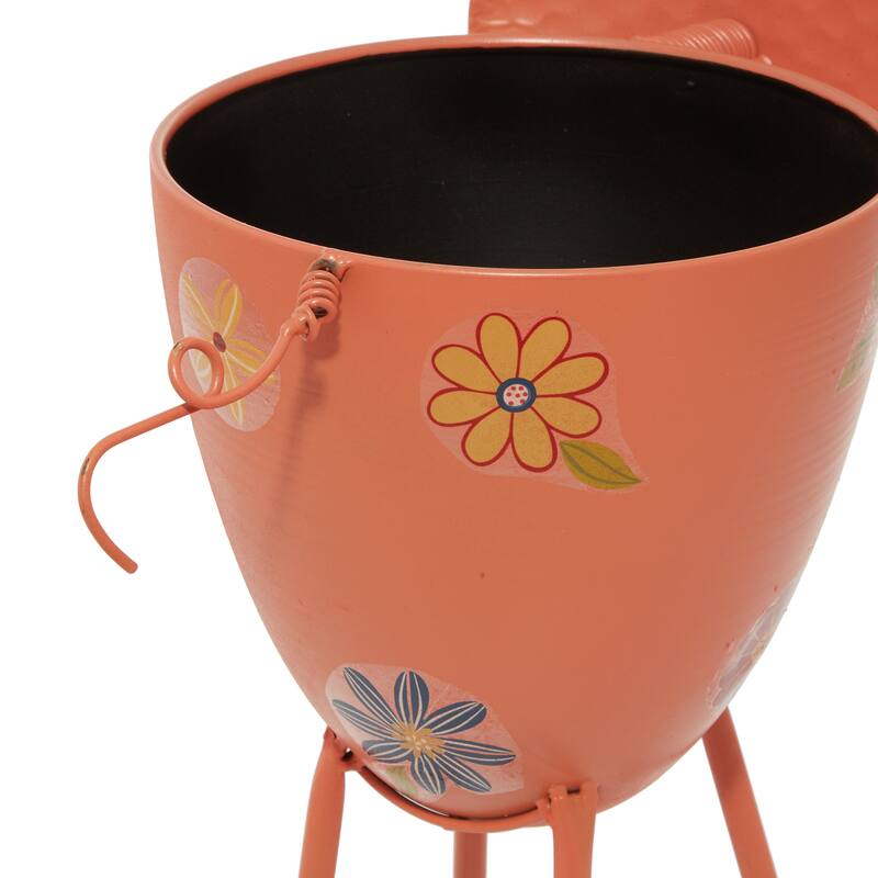Pink Metal Pig Indoor Outdoor Planter with Floral Accents