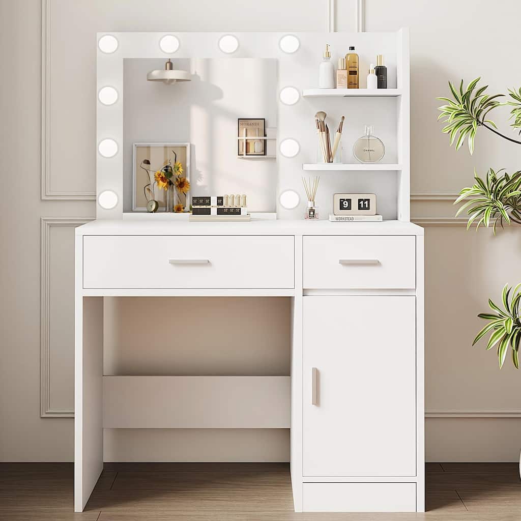 White Makeup Vanity Desk with Mirror Lights 3 Modes Adjustable Brightness Drawer Shelves Cabinet Dressing Table for Bedroom