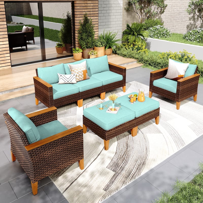 9-Piece Outdoor Wicker Sectional Sofa Patio Furniture Luxury Conversation Set, Beige Cushion - 7- Seat - Type A