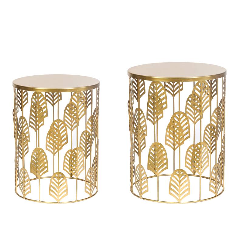 Adeco Set of 2 Round Metal Nesting Side End Tables Set - set of 2 - Gold-leaf pattern