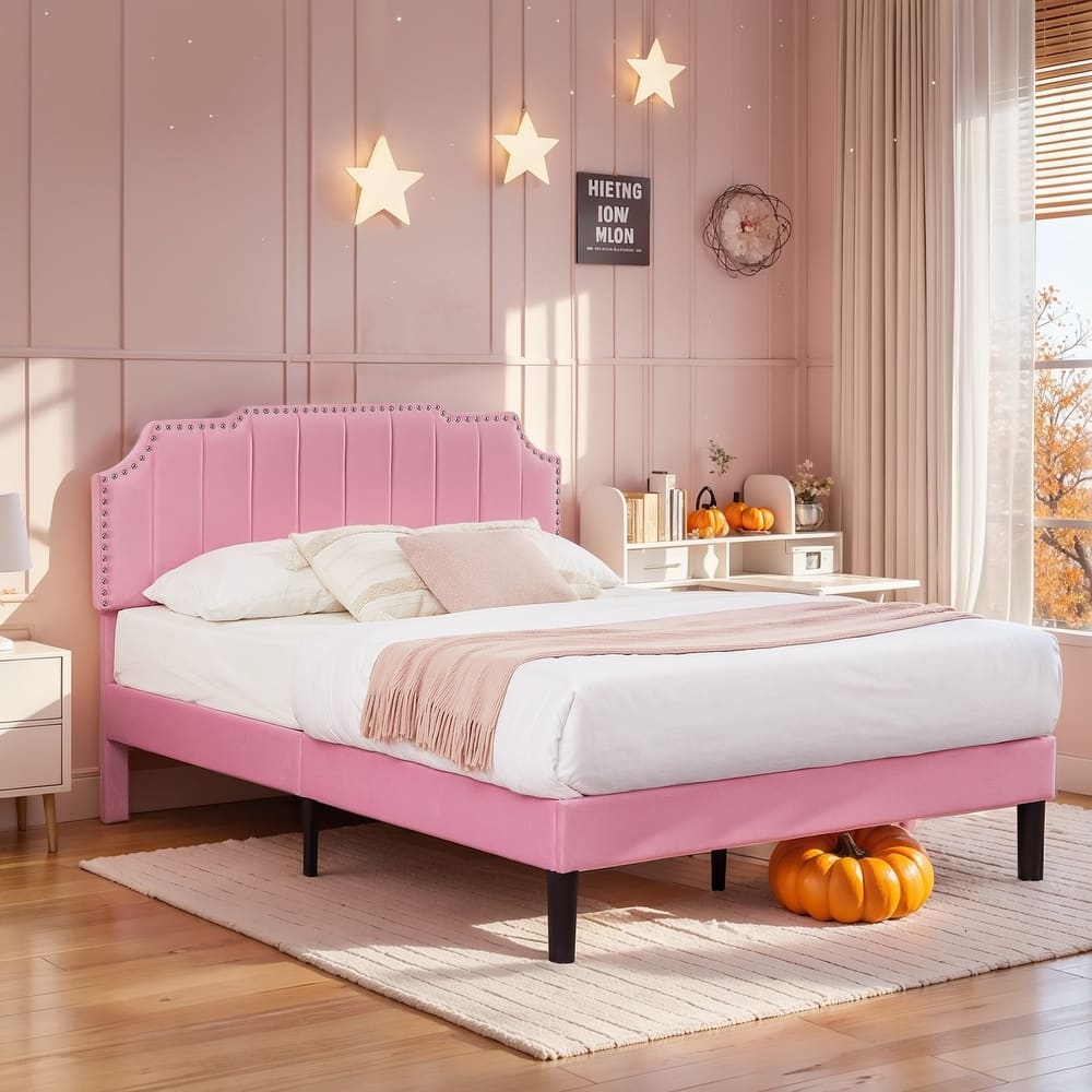 VECELO Upholstered Bed Frame with Nailhead Trim Adjustable Height Headboard, Twin/Full/Queen Size Bedframes