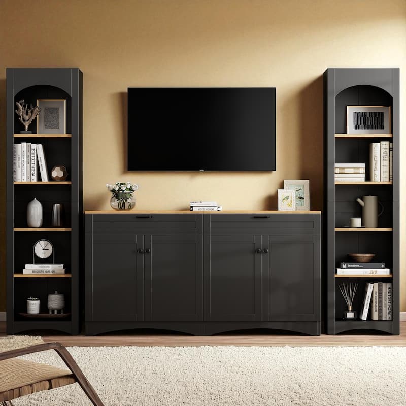 3-Piece Farmhouse Entertainment Center for TVs up to 70", Rustic TV Stand with Bookshelves and Sideboard, Adjustable Shelves - Black
