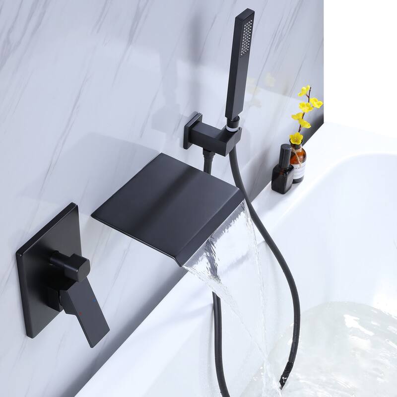 Wall Mounted Tub Faucet With Hand Shower Single Handle Bathroom Bathtub Faucets Modern Waterfall Tub Filler Trim Set 3 Holes