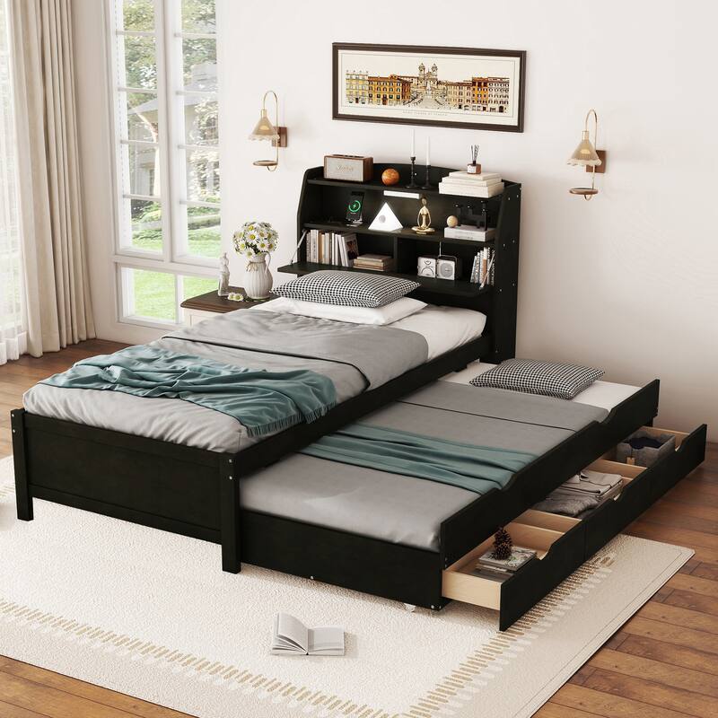 Twin Size Espresso Wooden Bed with LED Night Light, Trundle, and Under-Bed Storage Drawers - Espresso - Twin