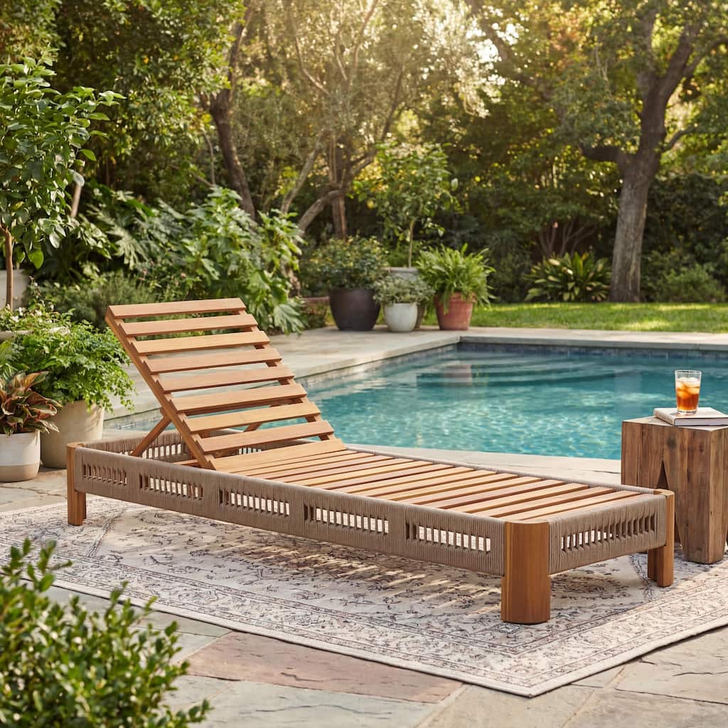 Christopher Knight Home - Delacroix Acacia Wood Outdoor Chaise Lounge with with Adjustable Backrest, Handwoven Rope Accents