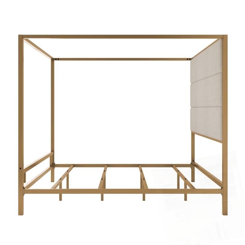 Metal 4-Poster Bed Frame Modern Canopy Upholstered Bed with Tall Upholstered Headboard