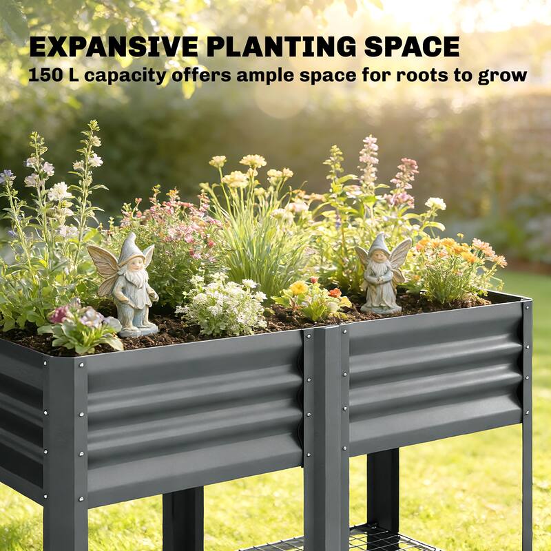 Outsunny Galvanized Steel Raised Garden Bed with Storage Shelf and Bed Liner, Elevated Planter Box with Legs