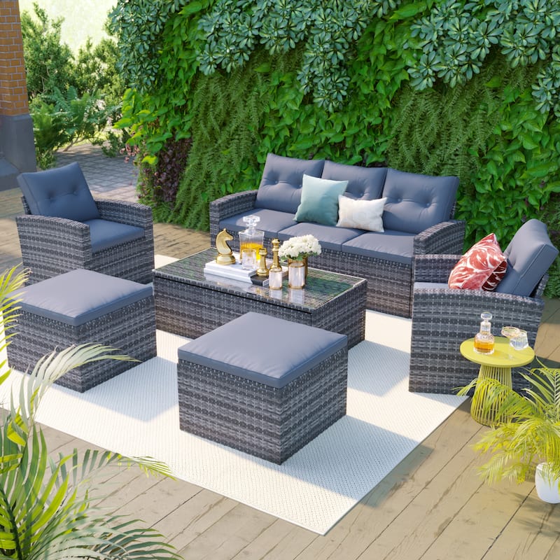 6-Piece All-Weather Wicker PE Rattan Conversation Sectional Set with Coffee Table - Light Grey