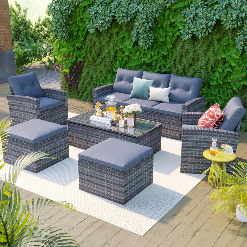 6-Piece Rattan Conversation Sofa Set with Table & Ottomans - Gray