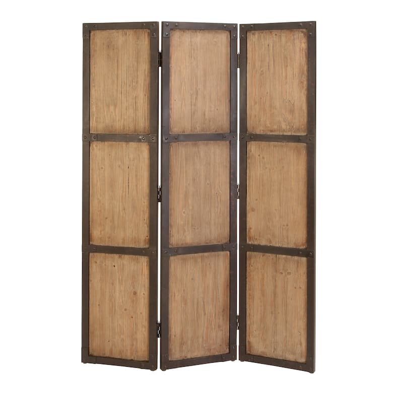Wood Hinged Foldable Partition 3 Panel Room Divider Screen with Solid Wood Panels - Brown - Roche River Decor - 1"Wx48"Lx71"H