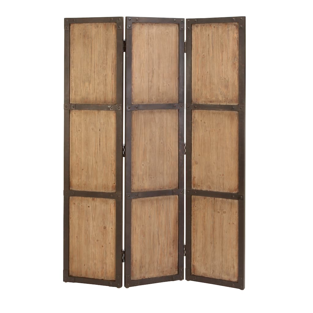 Wood Hinged Foldable Partition 3 Panel Room Divider Screen with Solid Wood Panels - Brown - Roche River Decor - 1"Wx48"Lx71"H