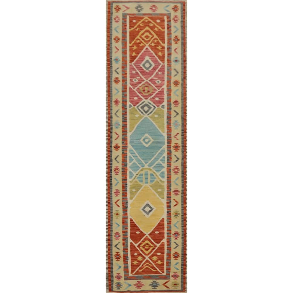 Hand Woven Oriental 100% Wool Carpet Southwestern Tribal Multi-Colored Kilim Runner Rug - 11' 8'' X 2' 8''