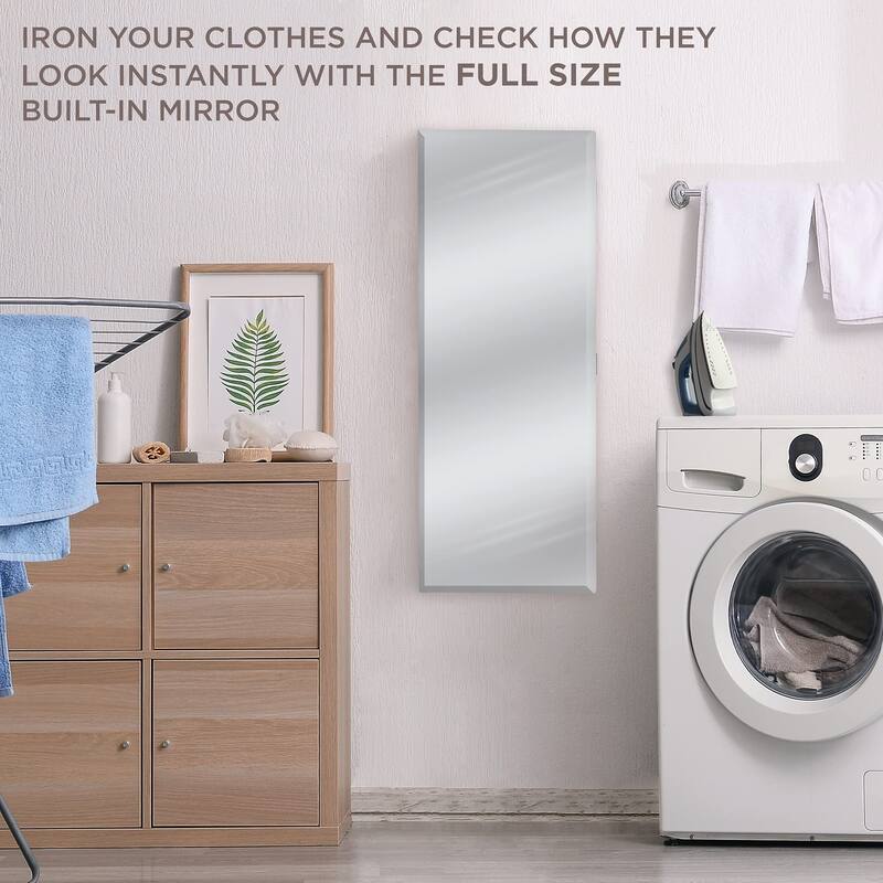 Ivation Wall-Mounted Ironing Board Cabinet, Foldable Storage Station, Easy-Release Lever, Garment Hooks, Full Mirror Door, White