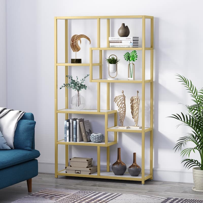 Etagere Bookcase 8 Tier Bookshelf with Gold Metal Frame and White Faux Marble Board for Home office, Living Room
