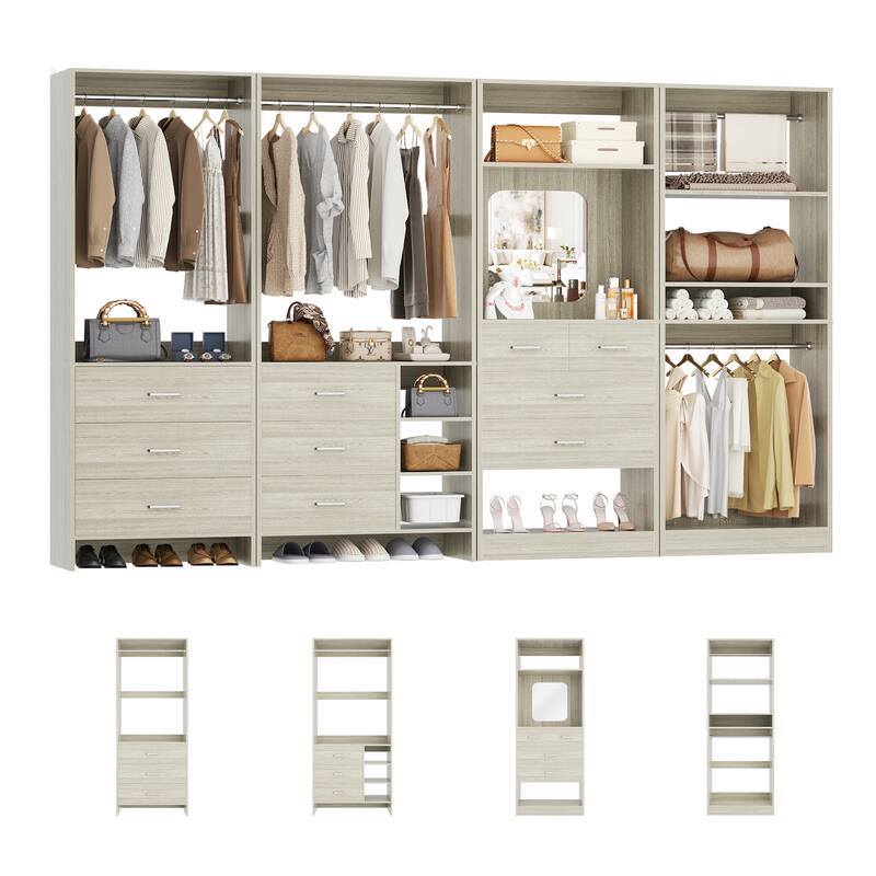 Cimly Set of 4 Closet Organizer with Drawers and Mirror, Freestanding Closet System with Hanging Rods