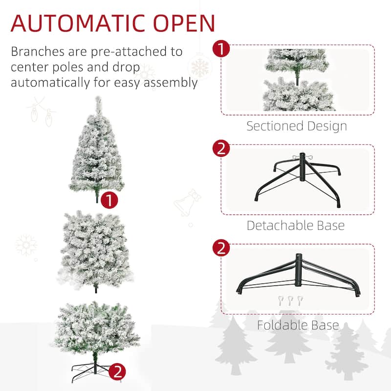 HOMCOM Pre-Lit Snow-Flocked Slim Douglas Fir Tree - Realistic Branches, LED Lights - Green