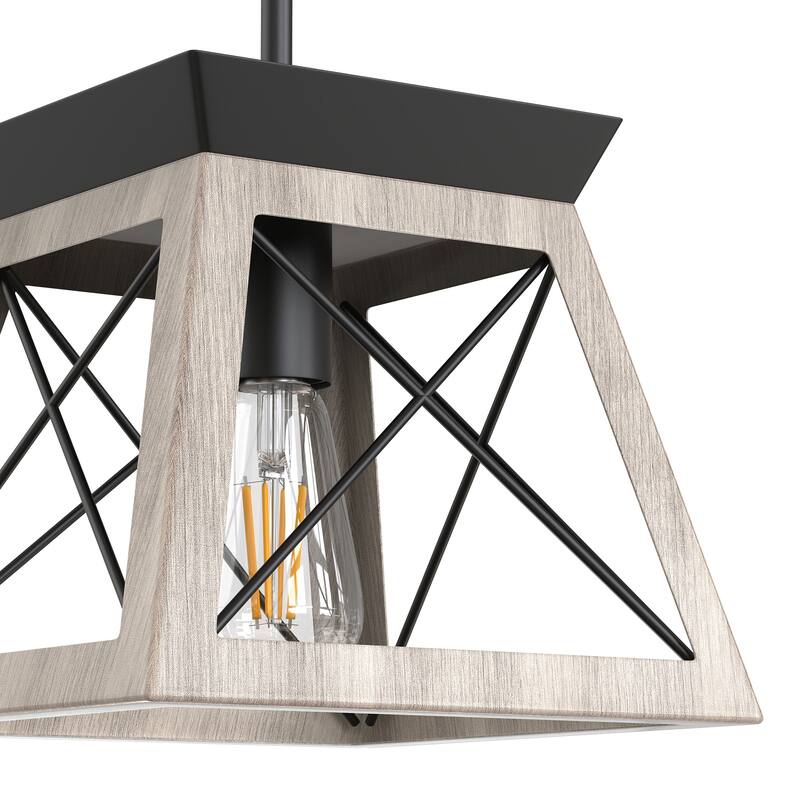 YANSUN Light Wood Industrial Pendant Light with Iron Rods, Adjustable Height