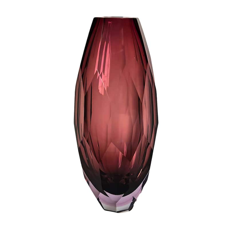 Plum Fancy Cut Glass Vase with Art Deco Inspired Geometric Design - Purple