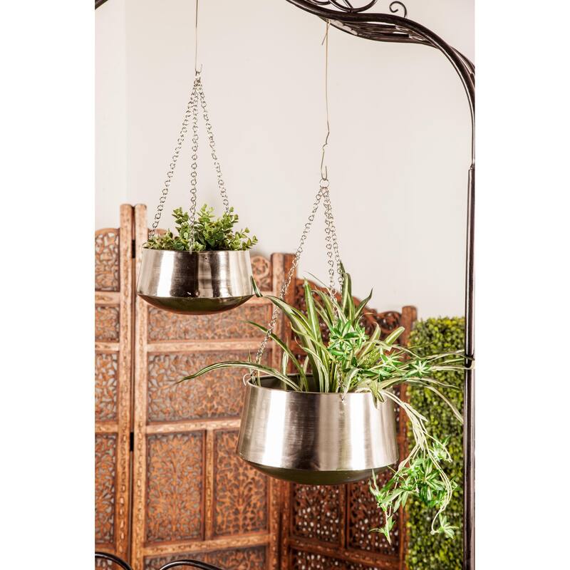 Metal Indoor Outdoor Hanging Dome Indoor Outdoor Wall Planter with Chain - Set of 2 Silver, Gold, Black - Roche River Decor