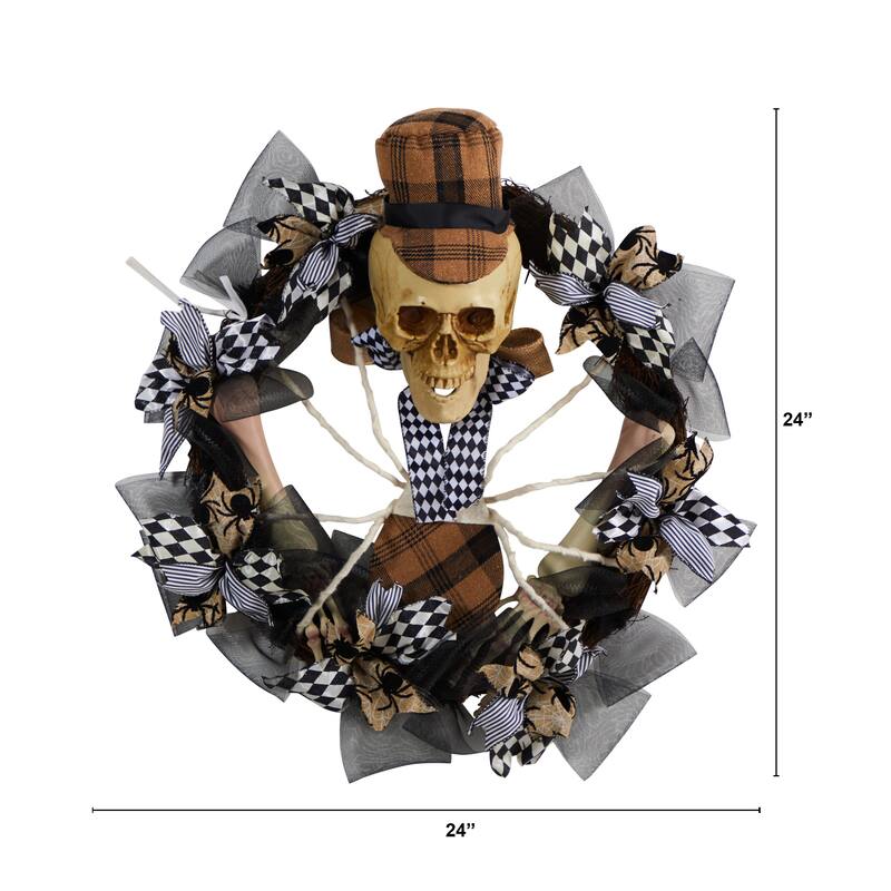 Skull in Plaid Mesh Artificial Halloween Wreath, 24-Inch, Unlit