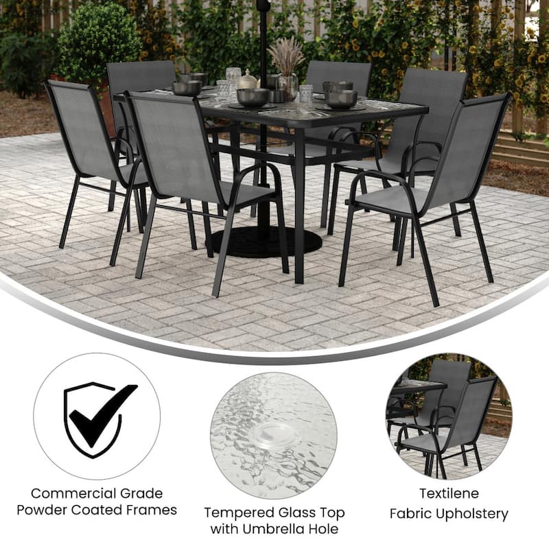7 Piece Patio Dining Table and Chairs Set with Glass Table and 6 Chairs