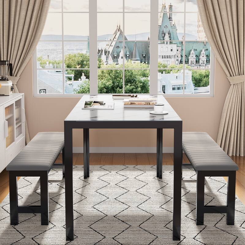 3-Piece Dining Table Set, Velvet Benches,Tabletop Marble Finish -  WhiteMarble&Grey