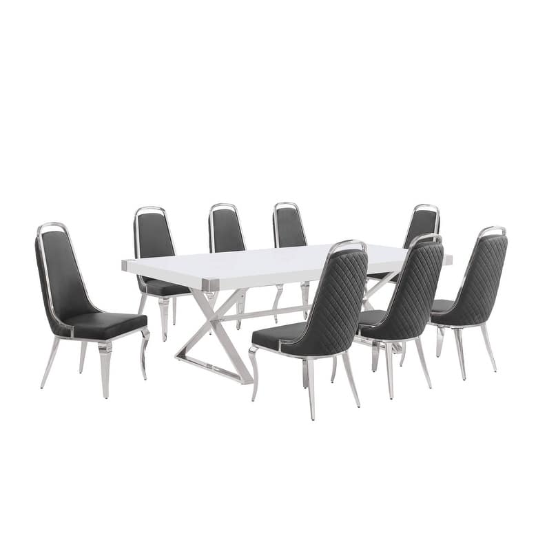 Best Quality Furniture D442/3-SC310-7 Dining Set with 94" White Lacquer Wood Top - 9-Piece - Dark Grey / Silver