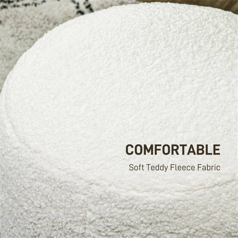 15.7" Cream White Round Footstool with Thick Foam Padding and Soft Teddy Fleece Cover
