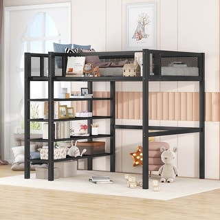 Twin Size Loft Bed with 4-Tier Shelves, Metal Loft Bed Frame with a Storage Shelf and Mesh Guardrails, for Kids Teens, Black