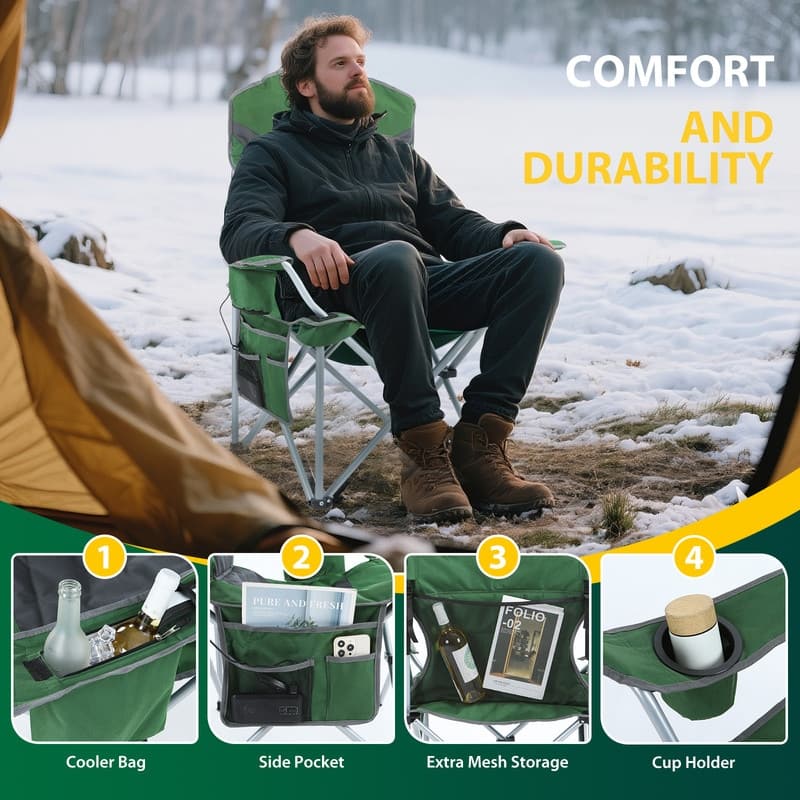 Heated Portable Camping Chair with Power Bank, Cooler Bag, Foldable Outdoor Sports Seat with Carry Handle (Green & Gray)