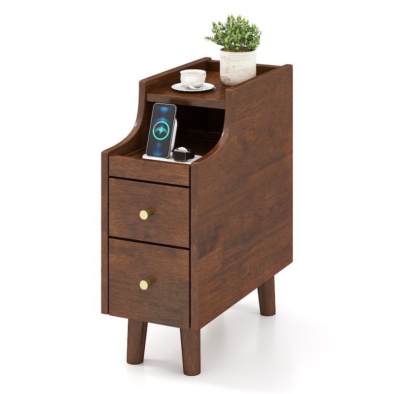 20" Tall Slim Brown Wooden Beside End Table with Tray and Drawers Cable Hole for Bedroom or Living Room - 16" x 8" x 20"