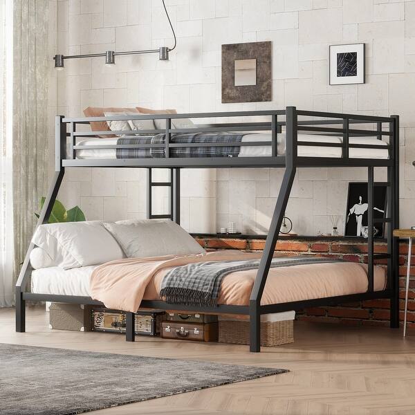 slide 2 of 11, Black Full XL over King Size Metal Bunk Bed with Fence, Ladder, Space-Saving and Noise Reduced for Teens and Adults Full XL over King - Black