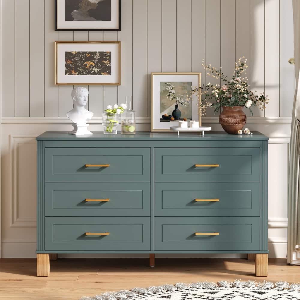 GDFStudio - Olive Haven Modern Wooden 6-Drawer Double Dresser with Solid Wood Legs