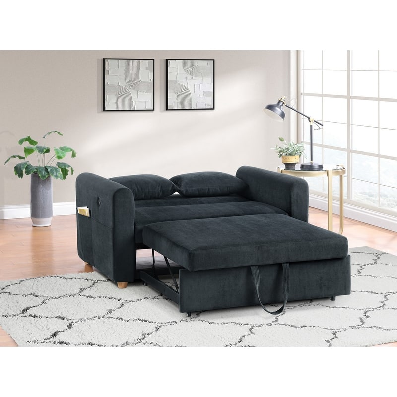 Marielle 55"W Corduroy Convertible Sleeper Loveseat with USB Ports, Magazine Pockets, and Pillows