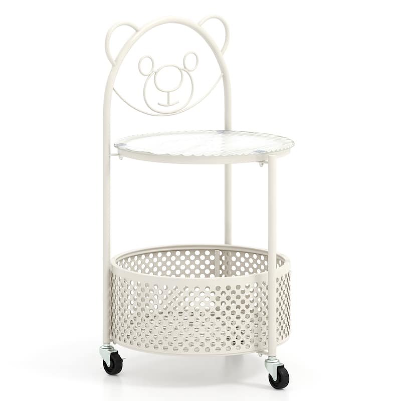 Gymax 2-Tier Mobile Glass Coffee Table w/ Bear Pattern Storage Basket
