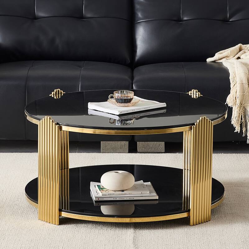 35" Modern Round Coffee Table with Double-Layer Black Glass & Gold Frame, Easy Assembly