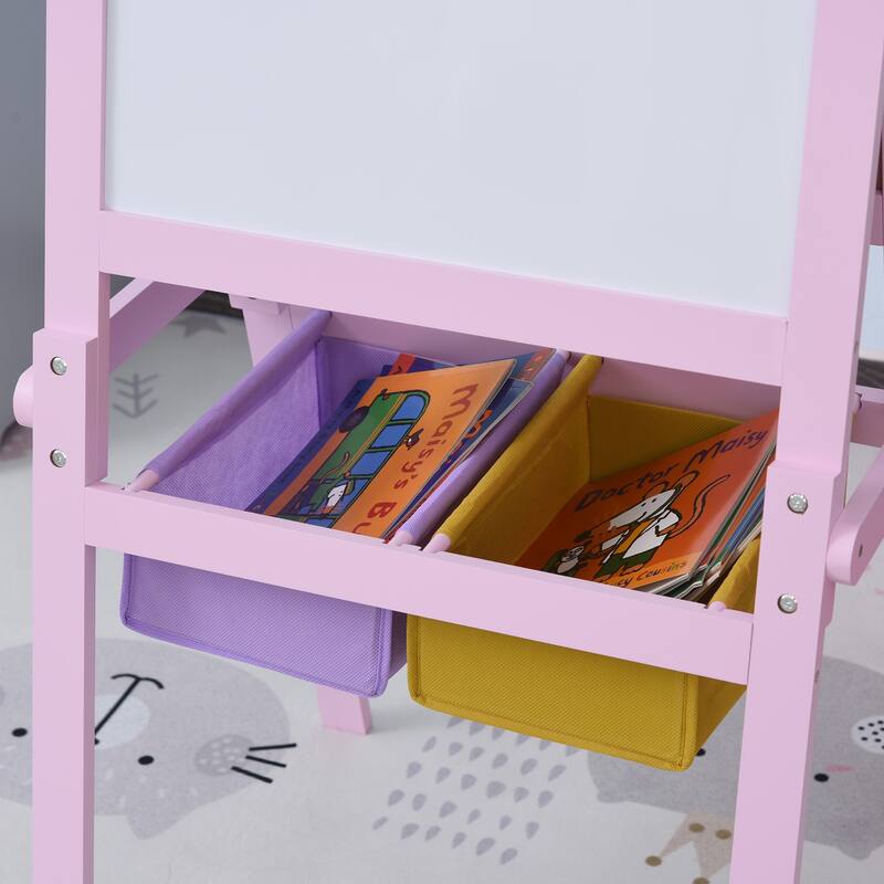 Qaba 3 In 1 Kids Wooden Art Easel with Paper Double-Sided Chalkboard & Whiteboard with Storage for Age 3 Years+, Pink