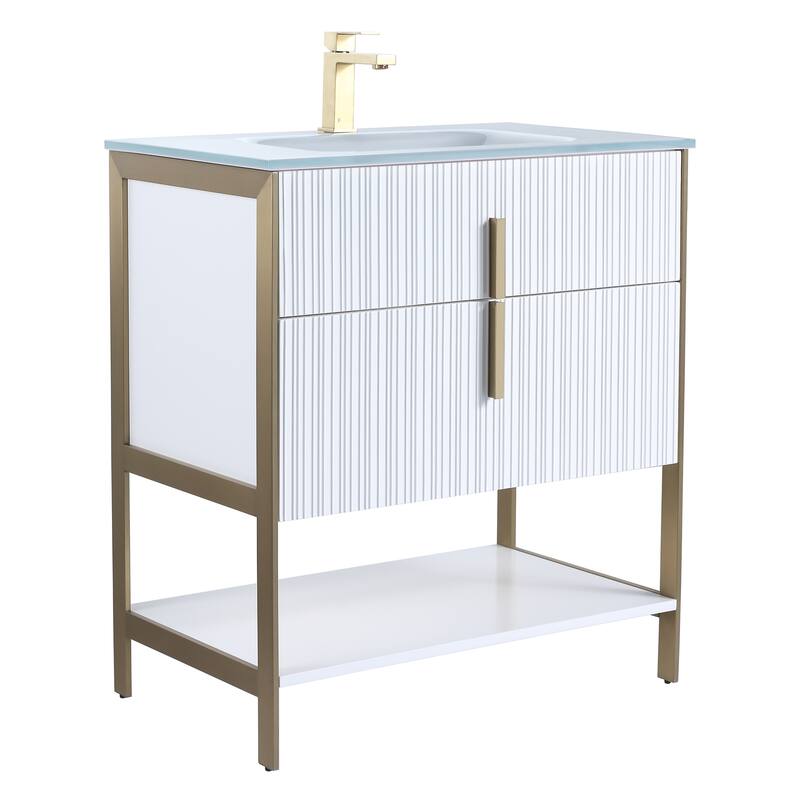 Fine Fixtures Serenity Modern Bathroom Vanity with White Glass Top - White Matte - Brass Hardware - 30 inch