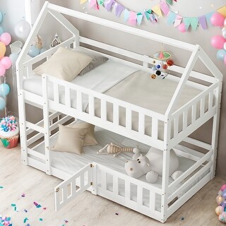 Twin over Twin House Bunk Bed with Fence and Door, White