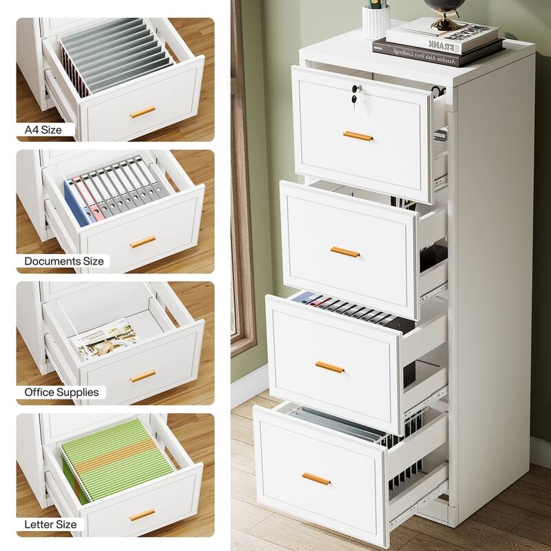 4-Drawer File Cabinet with Lock and Key, Vertical Wooden Filling Cabinet for A4/Letter/Legal Size Files