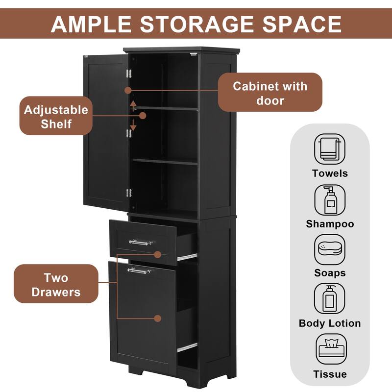 Modern Bathroom Storage Cabinet with Drawers and Adjustable Shelf, Freestanding Floor Cabinet with Acrylic Handles