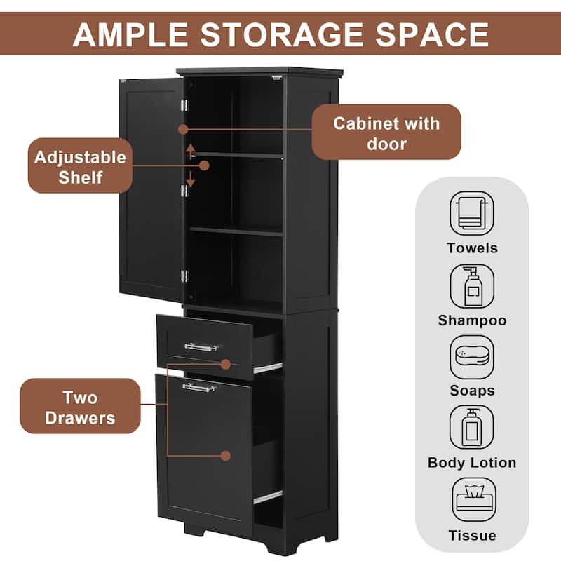 Tall Bathroom Storage Cabinet, Freestanding Storage Cabinet with Two Different Size Drawers