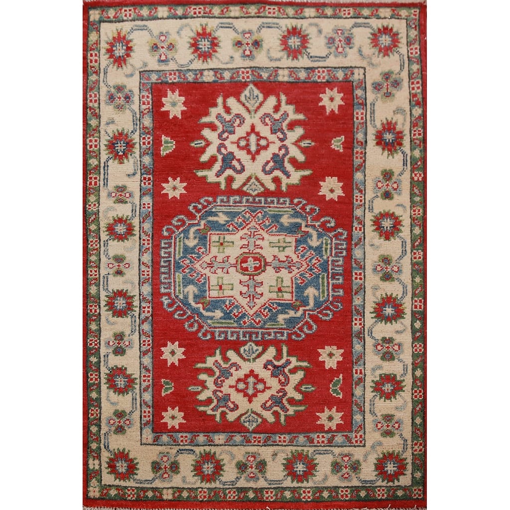 Red Kazak Foyer Rug Hand-Knotted Traditional / Geometric Wool Carpet - 2'9"x 3'9"
