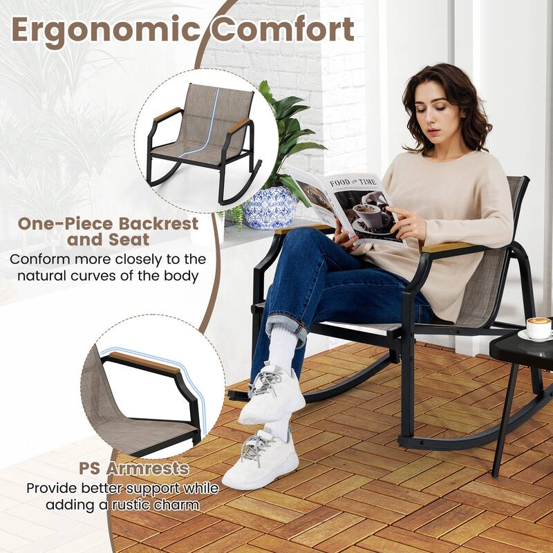 3 Piece Black-Brown Outdoor Rocking Chair Set with Coffee Table and Ergonomic Metal Frame Chairs - 35" x 27" x 29"