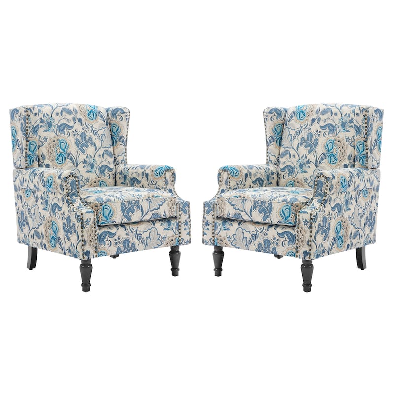 2 Set Transitional Patterned Wingback Accent Chairs with NailHead